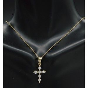 14K Solid Yellow Gold Round CZ Cross Pendant + Cable Chain